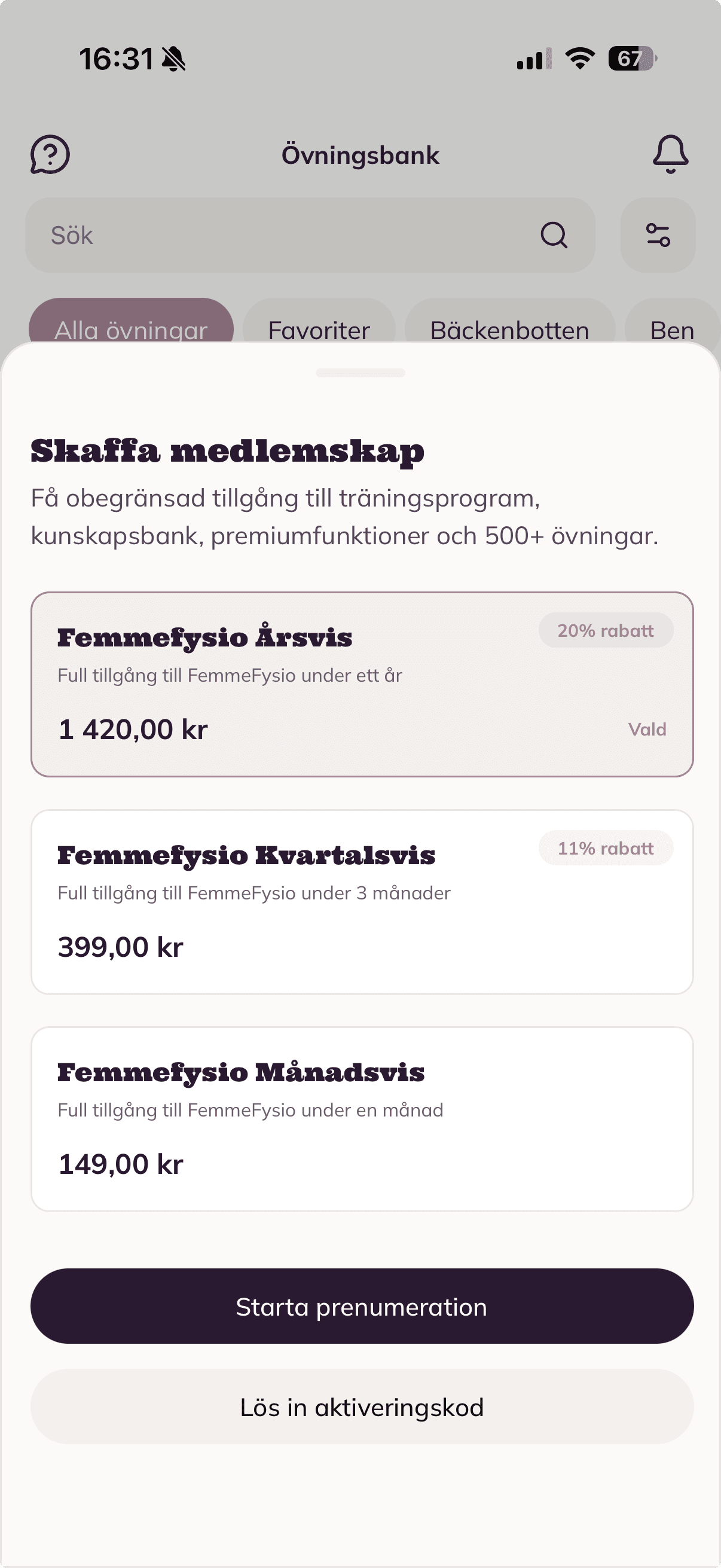 Femmefysio app preview in device